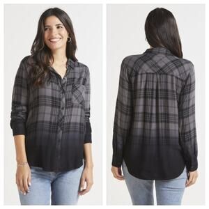 Rails Women's Hunter Dip Dye Plaid Button Down Shirt Charcoal Jet Size M
